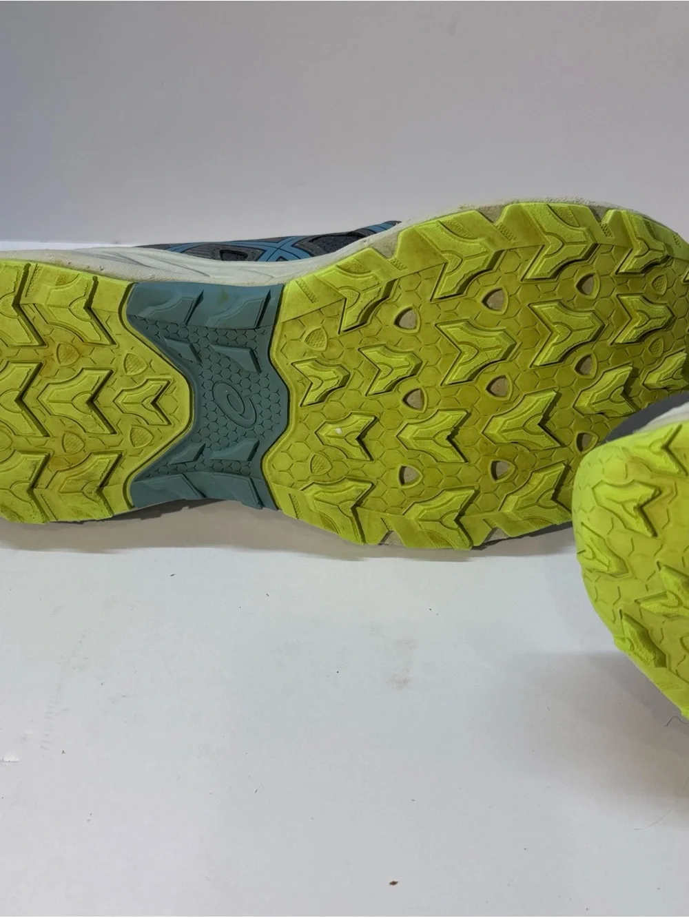 ASICS woman Gray Running Shoe with Blue Logo and Neon Accents  size 9